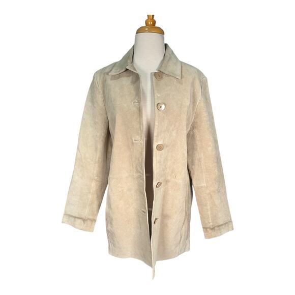 Bernardo Tan Genuine Leather Button Coat L Lined Pockets Classic Minimalist - Picture 3 of 15